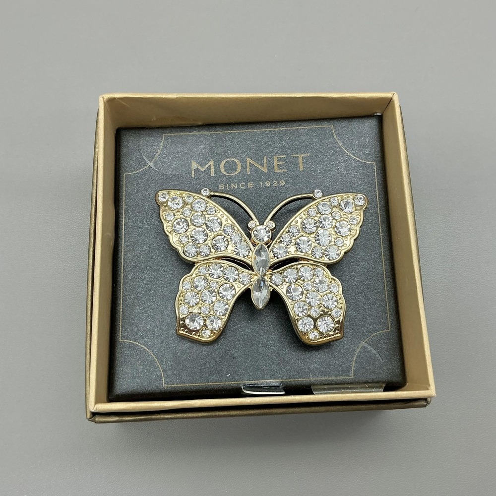 Monet Butterfly Brooch Gold Tone Clear Rhinestone Pin With Box Costume 1.5 Inch